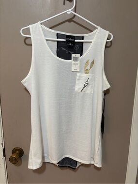 Warner Bros. White Tank Top with Gold Accent and Black Lightning Pocket